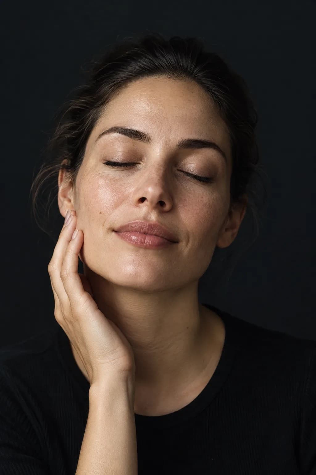 A woman with eyes closed, fingertips resting gently against her cheek.